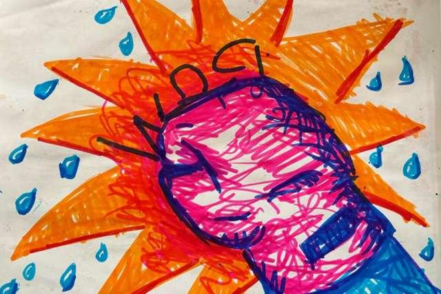 The drawing of a pink boxing glove and the word "Pow" was created by Jill Bonilla, a participant in the art therapy program offered by the Simms Mann UCLA Center for Integrative Oncology.